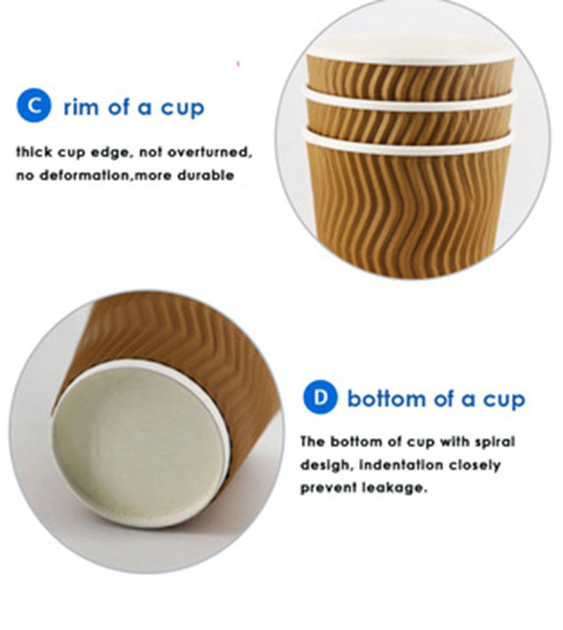 Custom Embossed Double Ripple Wall Paper Coffee Cup with Lid