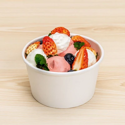  저렴한 맞춤형 인쇄 8온스 식품 등급 일회용 아이스크림 종이 젤라토 컵.  뚜껑과 숟가락이 달린 무료 샘플 종이컵
